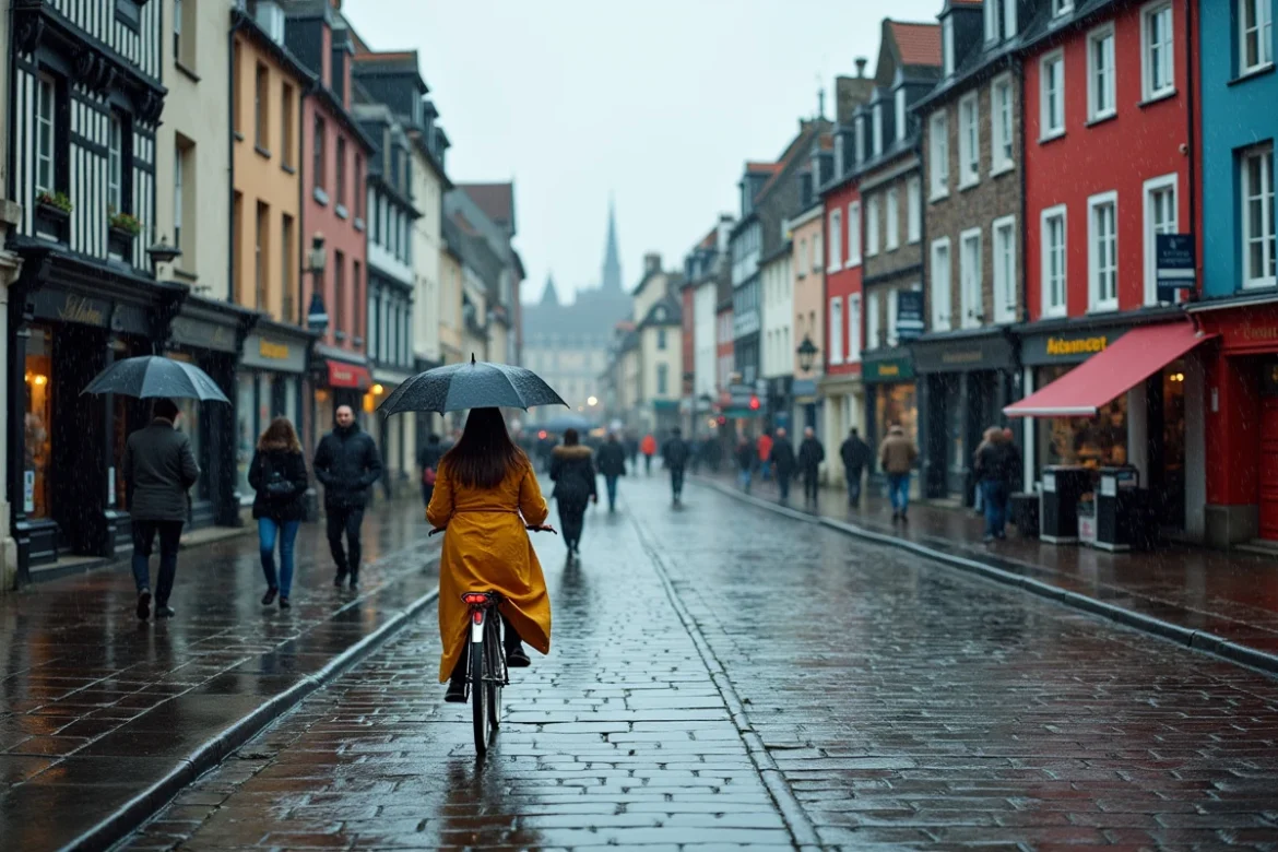 Une jeune femme en imperméable fait du vélo sur une zone piétonne pavée à Rennes, devant des maisons à colombages bretonnes colorées sous la pluie