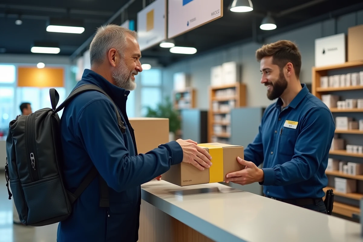 Homme recevant un colis dans un centre de retrait moderne