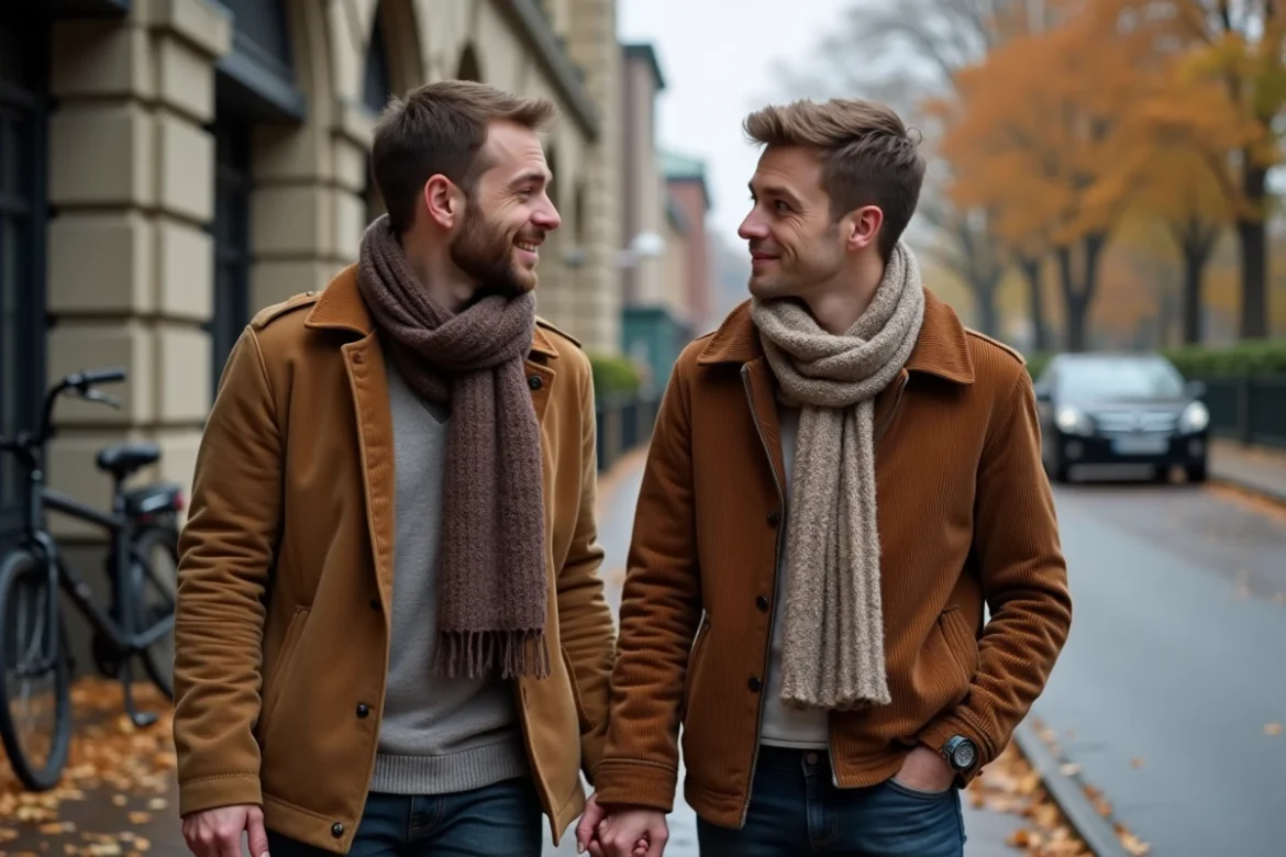Couple de retrouvailles sur un trottoir pavé en automne, regards chargés d'émotion illustrant les signes d'un retour de flamme