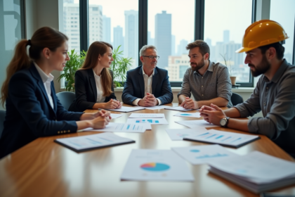 Groupe de professionnels discutant autour d'une table de bureau