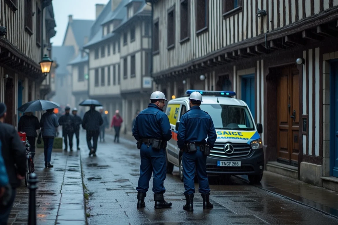 Deux secouristes en uniformes bleus interviennent dans une rue de Rouen près d'un bâtiment à colombages normand sous la pluie