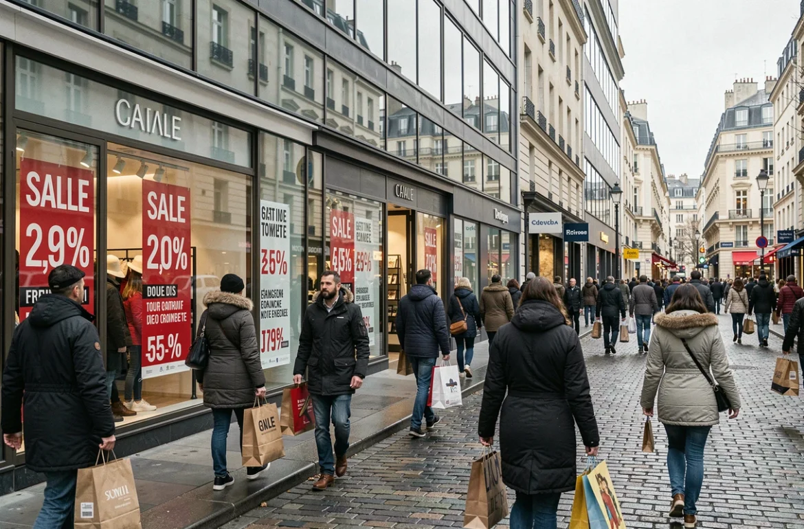 Rue commerçante française animée avec vitrines en promotion lors du Black Friday 2026
