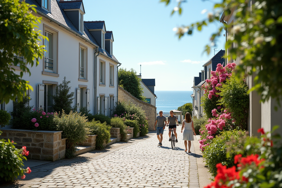 Rue ensoleillée avec maisons de bord de mer à Cancale
