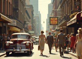 Rue animée des années 40 avec voitures et mode vintage