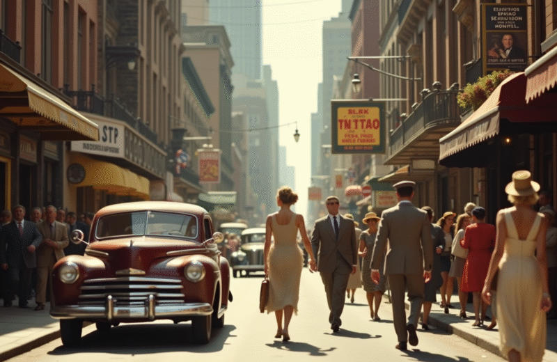 Rue animée des années 40 avec voitures et mode vintage