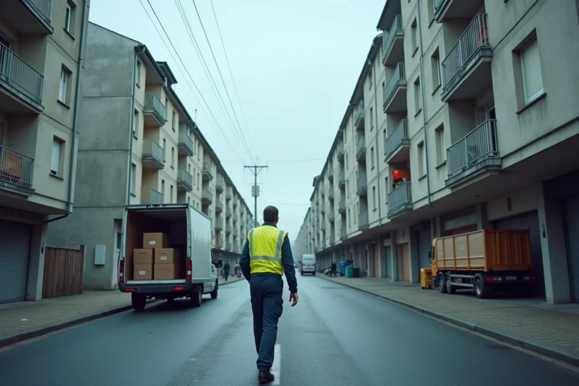 Un livreur en gilet jaune décharge des colis dans une rue commerciale de Saint-Denis avec des tours de logements sociaux en arrière-plan