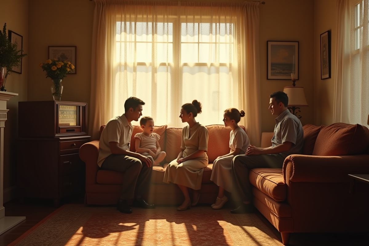 Salon chaleureux des années 40 avec famille et radio