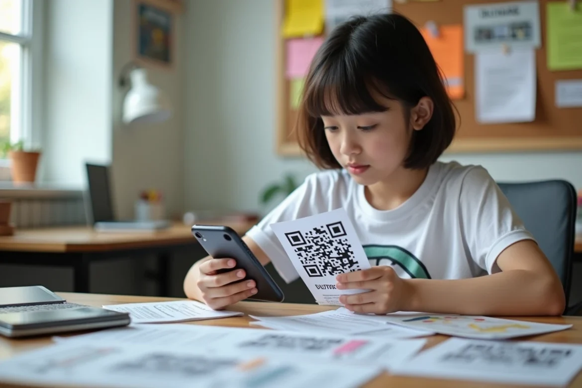 Adolescente scannant un QR code de récompense Brawl Stars avec son smartphone sur un bureau d'étude