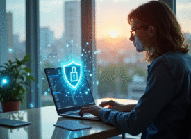Personne travaillant sur un ordinateur avec un bouclier holographique en securite en ligne