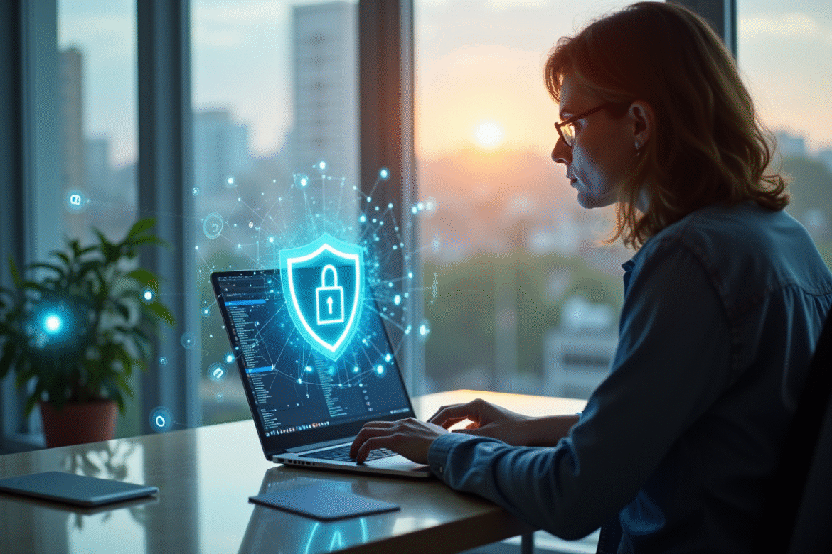 Personne travaillant sur un ordinateur avec un bouclier holographique en securite en ligne