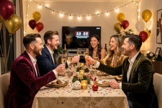 Groupe d'amis trinquant au champagne autour d'une table décorée pour le réveillon du Nouvel An 2026 dans un appartement moderne