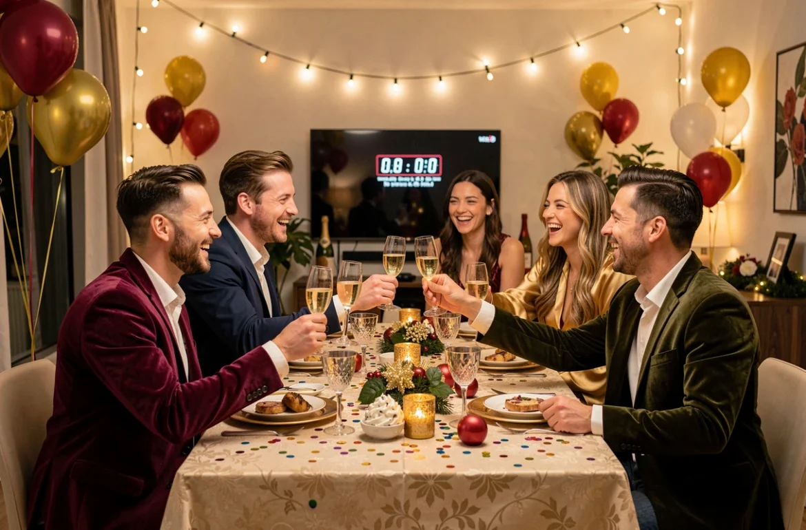 Groupe d'amis trinquant au champagne autour d'une table décorée pour le réveillon du Nouvel An 2026 dans un appartement moderne
