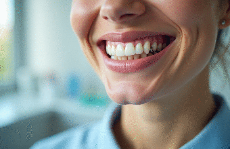 Personne souriante avec implant dentaire dans une clinique dentaire