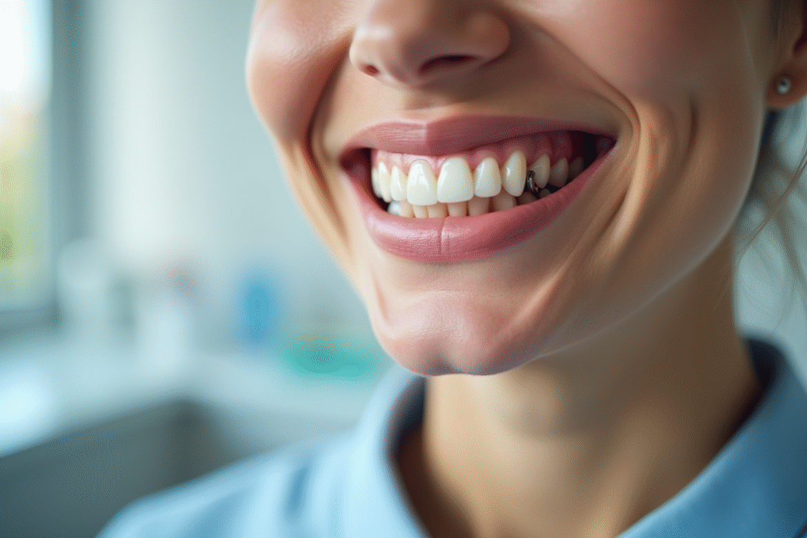 Personne souriante avec implant dentaire dans une clinique dentaire