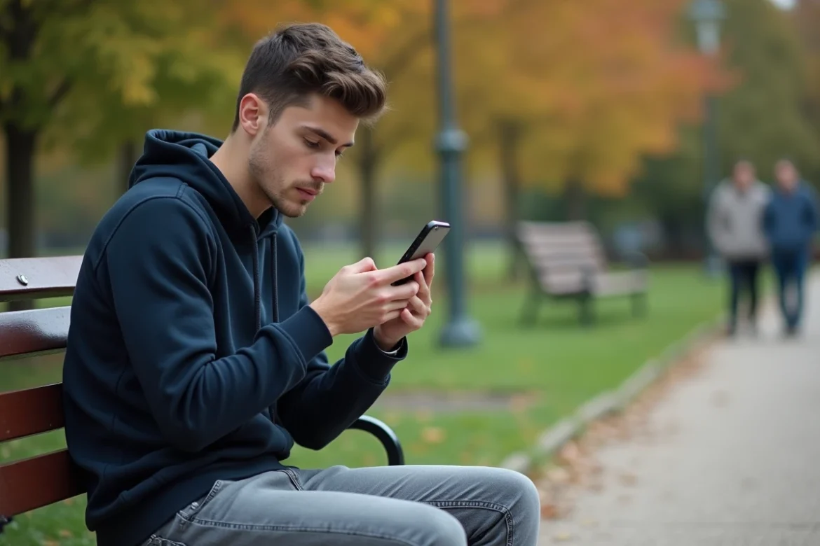 Personne assise dans un parc consultant des stories Instagram de manière anonyme sur son smartphone