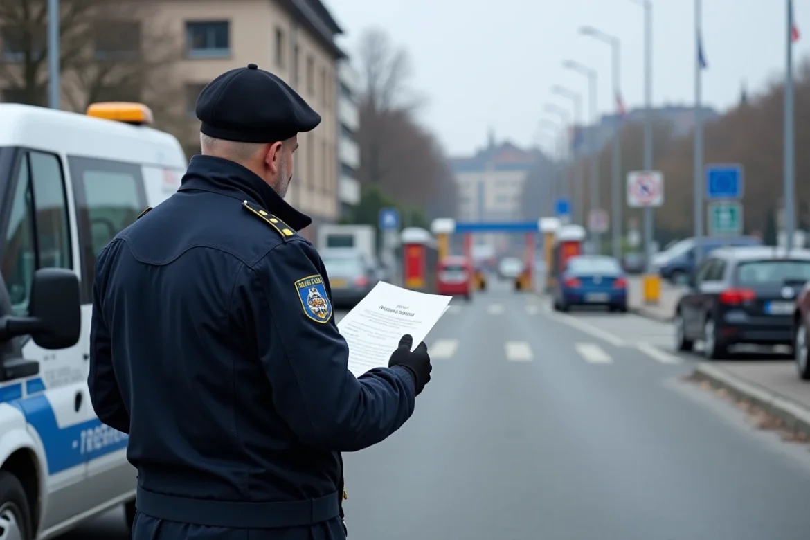Un agent des douanes contrôle des documents à un poste frontalier près de Strasbourg, avec des panneaux bilingues franco-allemands et des drapeaux européens