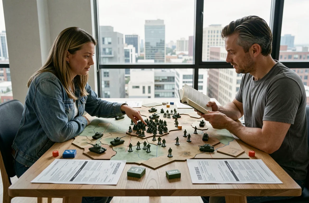 Deux joueurs adultes élaborant une stratégie militaire sur un plateau de war game avec figurines de chars et cartes d'armée