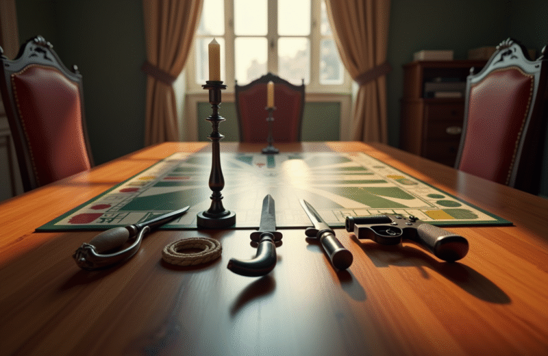 Table de jeu Cluedo avec armes célèbres au premier plan