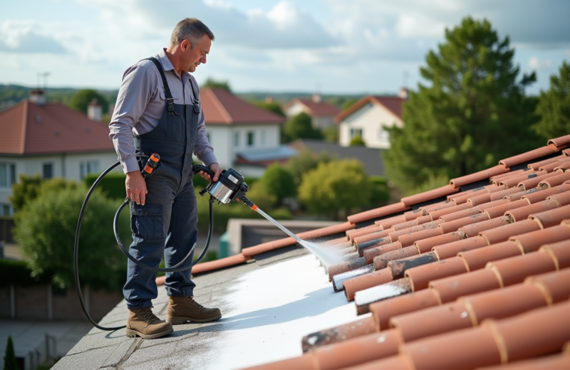 Technicien appliquant traitement étanche sur toit de maison