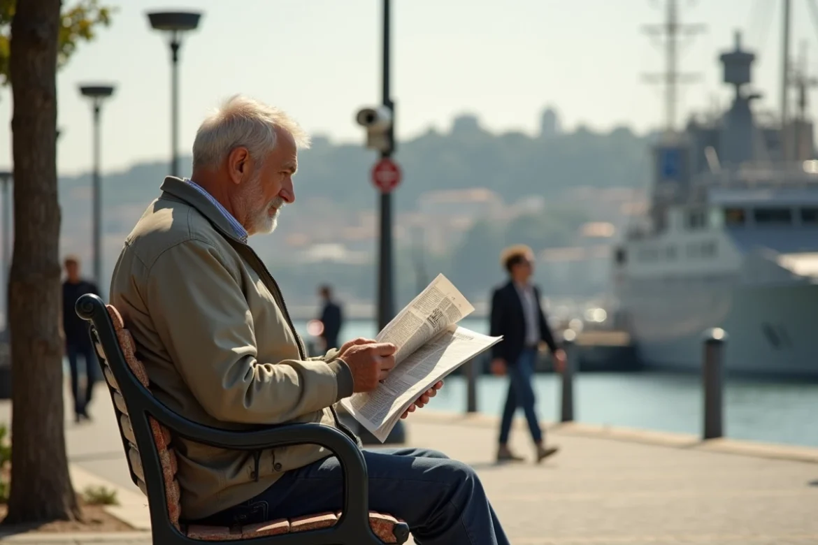 Un homme d'âge mûr lit un journal sur un banc public à Toulon avec le port naval et des passants civils et militaires en arrière-plan