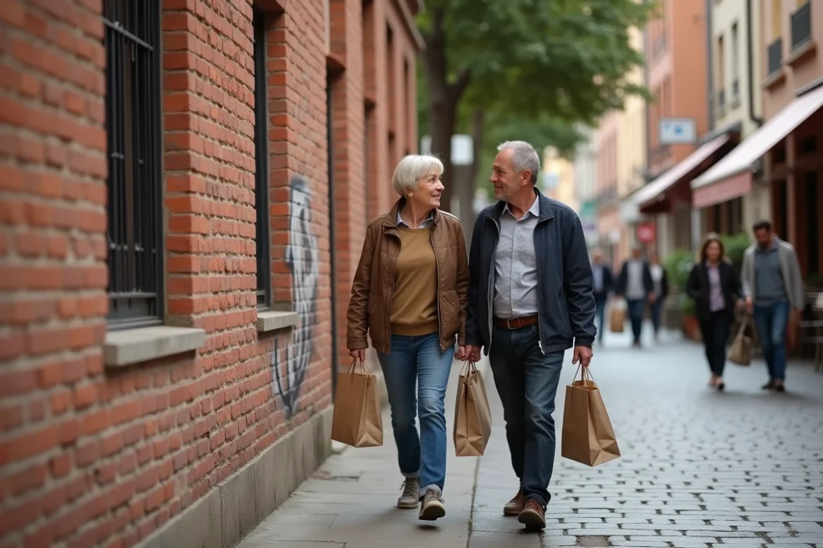 Un couple marche devant une façade en briques roses typique de Toulouse, avec une terrasse de café et d'autres passants en arrière-plan