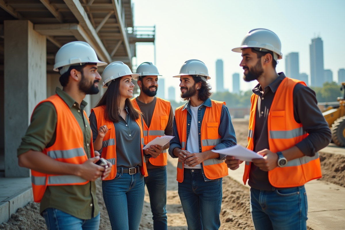 Groupe de jeunes travailleurs sur un chantier en construction