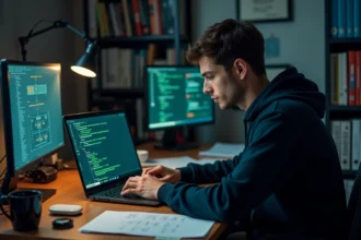 Homme utilisant un logiciel de scan de sécurité sur un ordinateur portable dans un bureau à domicile encombré de documentation technique