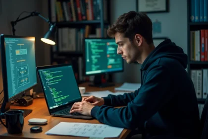 Homme utilisant un logiciel de scan de sécurité sur un ordinateur portable dans un bureau à domicile encombré de documentation technique