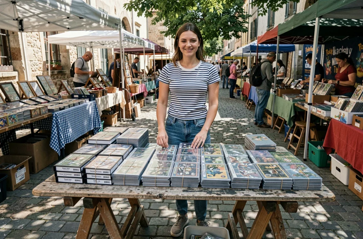 Vendeuse proposant des cartes Pokémon en binders et en lots lors d'une brocante de village