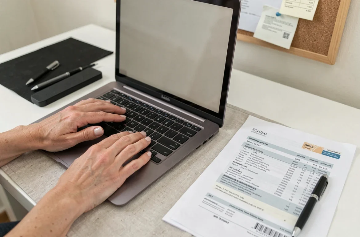 Mains féminines vérifiant un relevé bancaire sur un bureau, contrôle des transactions suspectes liées à une fraude Clevya