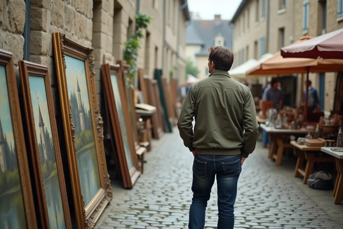 Homme parcourant des tableaux anciens et miroirs lors d'un vide-grenier dans un village des Yvelines