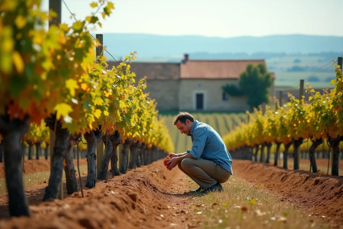Viticulteur inspectant des grappes de raisin dans un vignoble d'Armagnac près d'Eauze en automne