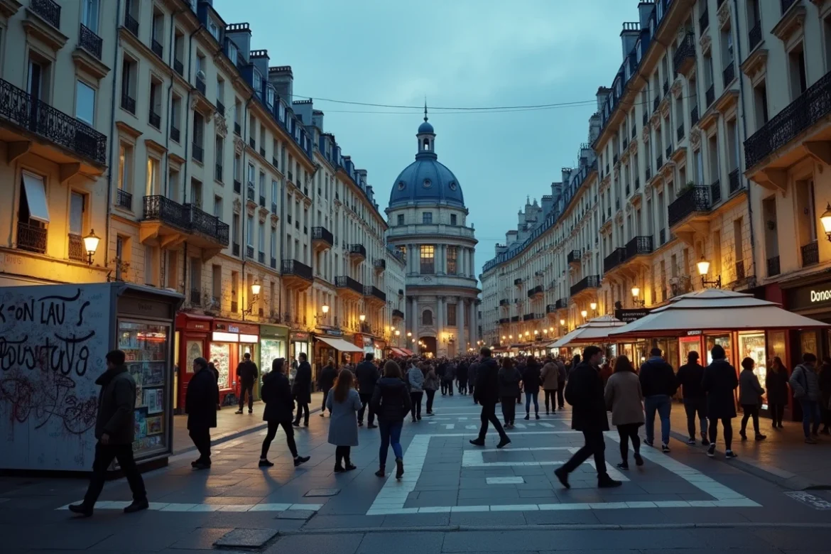 Vue grand angle d'une rue urbaine française emblématique au crépuscule, avec des bâtiments haussmanniens et des tours de banlieue, illustrant la thématique de la délinquance en ville