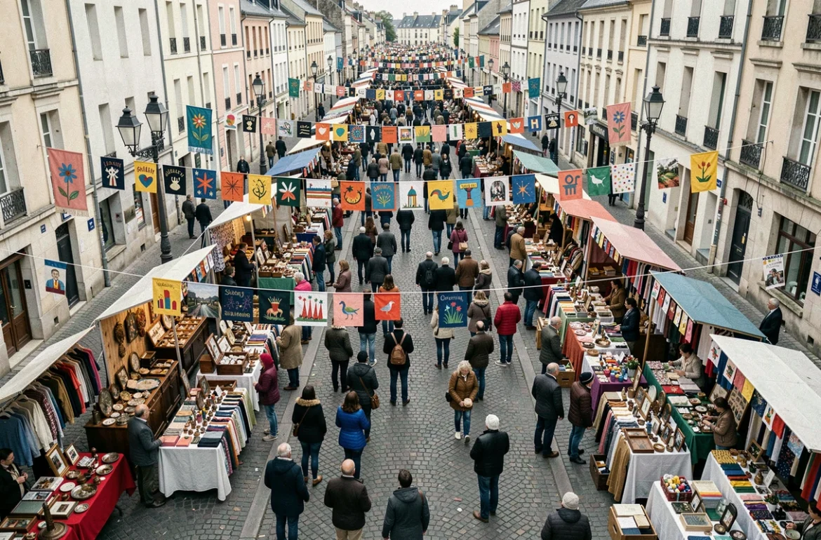 Vue aérienne d'une grande braderie communautaire dans une rue piétonne de ville française
