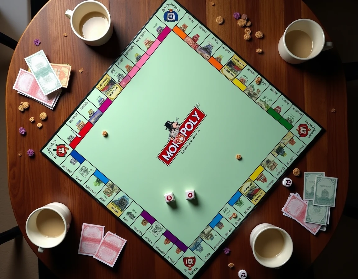 Vue aérienne d'un plateau de Monopoly en cours de partie avec maisons, hôtels, billets et dés éparpillés sur la table