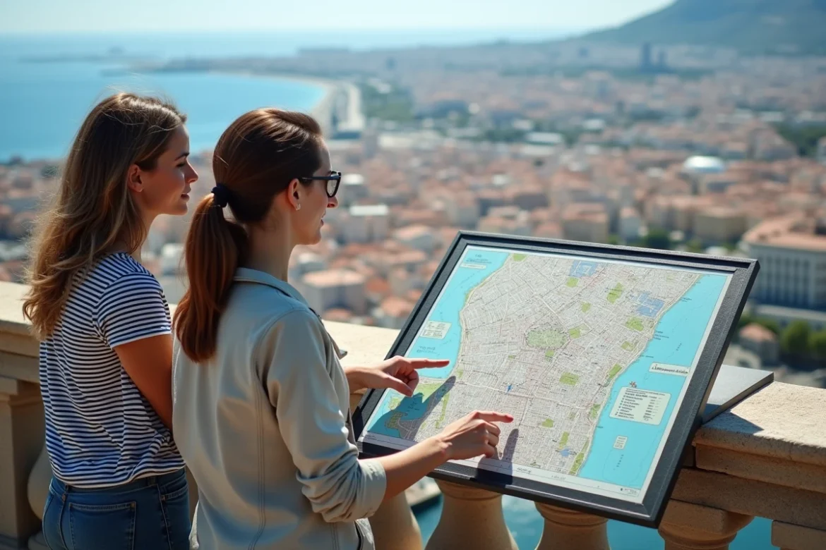 Vue panoramique du Vieux-Port de Marseille depuis une terrasse avec table d'orientation des arrondissements