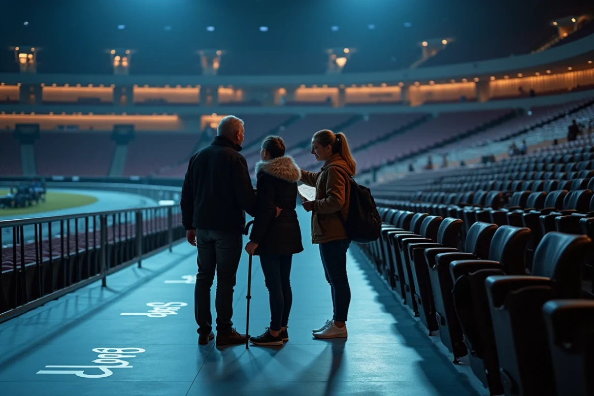 Zone de places PMR dans une grande salle de concert avec signalétique accessible et public varié